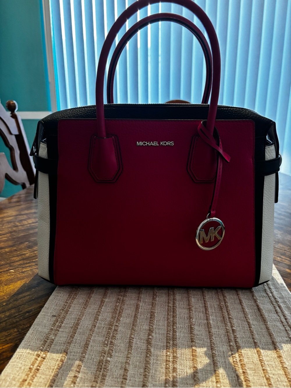 Michael Kors Red, White and Black Leather Satchel with MK Charm